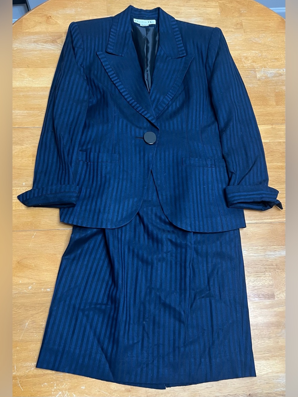 Vintage Christian Dior Navy and Black Striped Two-Piece Skirt Suit Size 10